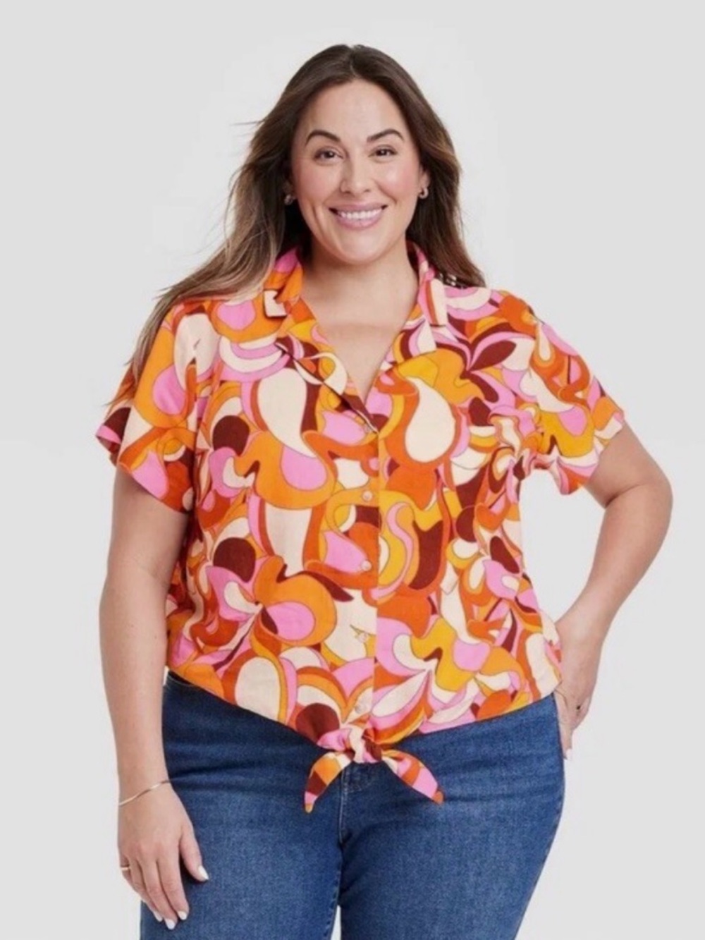 AVA & VIV Retro Abstract Print Linen Blend Tie-Front Top 2X